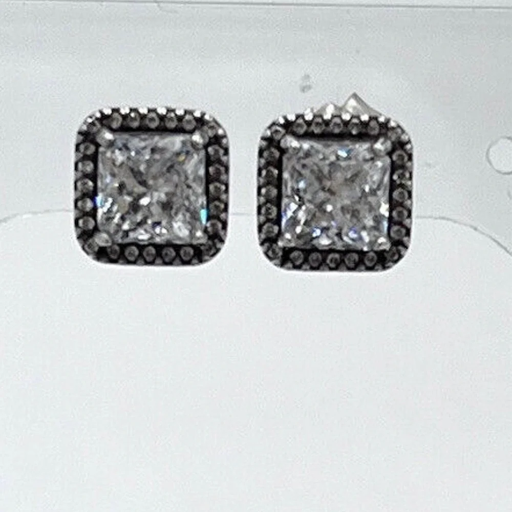Pandora Timeless Elegance Sterling Silver Square Halo CZ Sparkle Stud Earrings